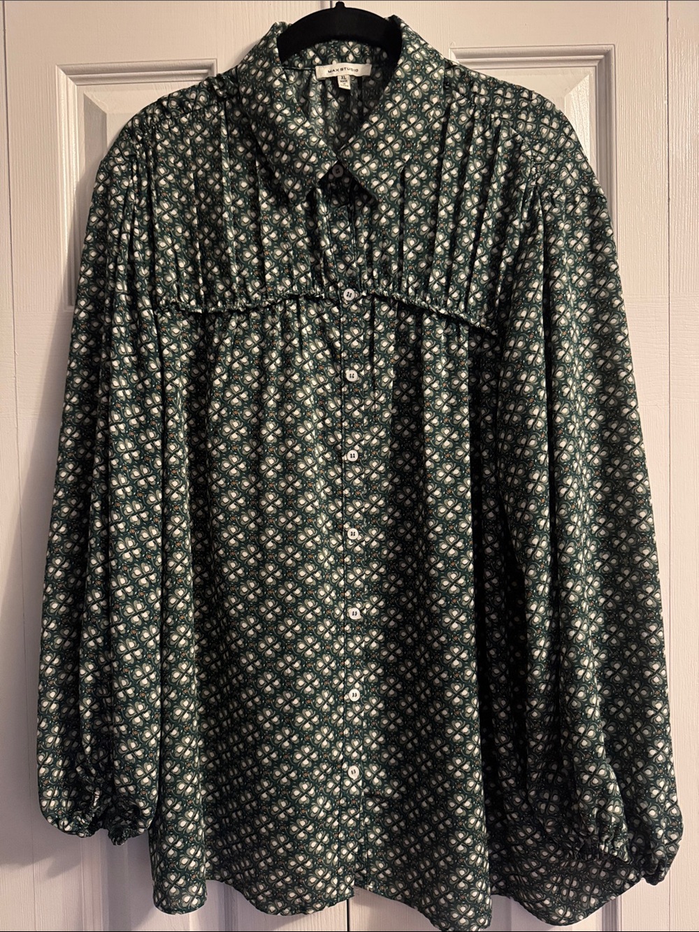 Max Studio Forest Green Printed Button-Down Blouse, XL